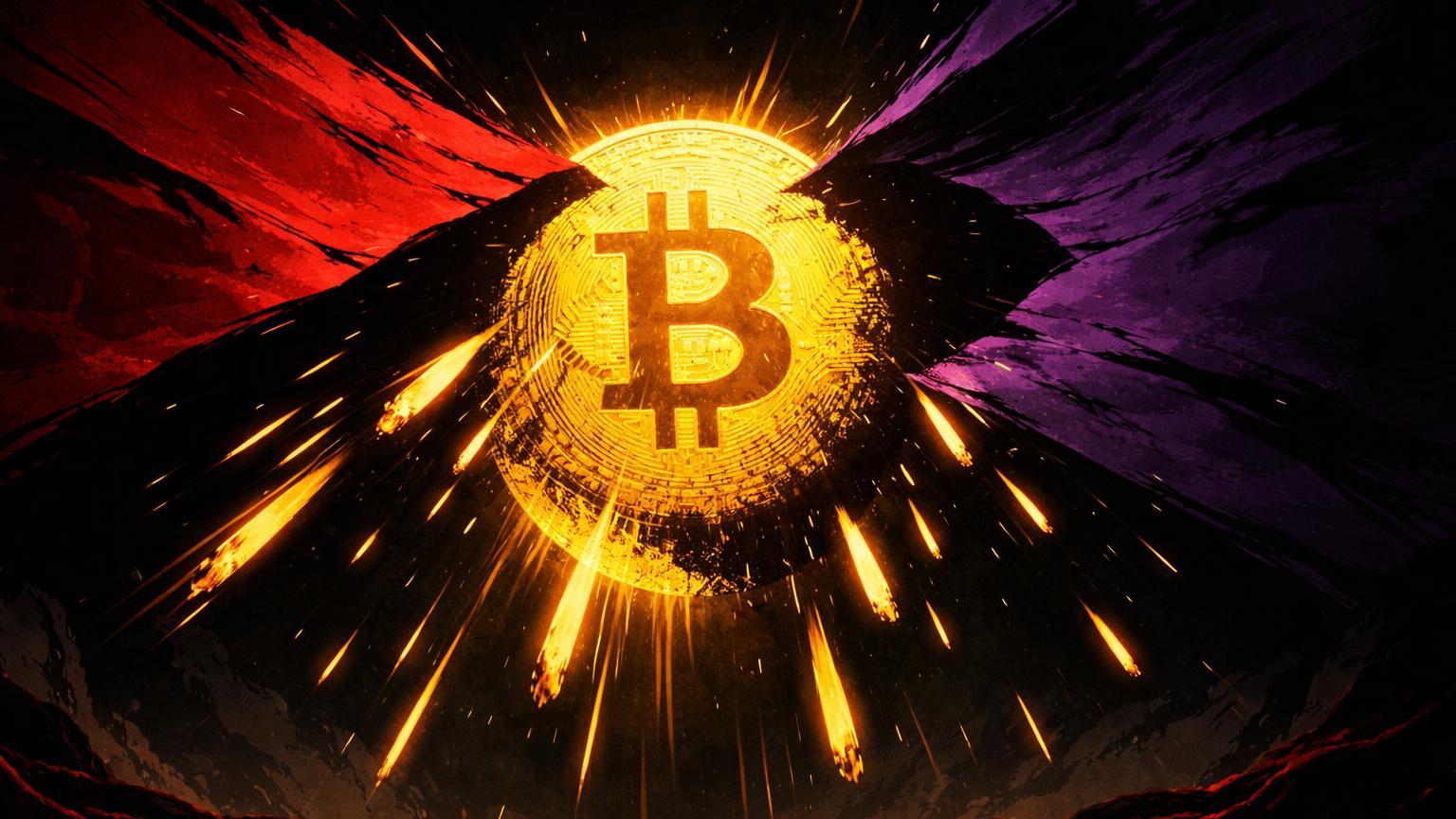 Sol dourado do Bitcoin engolido por sombras vermelha e roxa, simbolizando sell-off de US$ 200B por tarifas Trump e crise japonesa