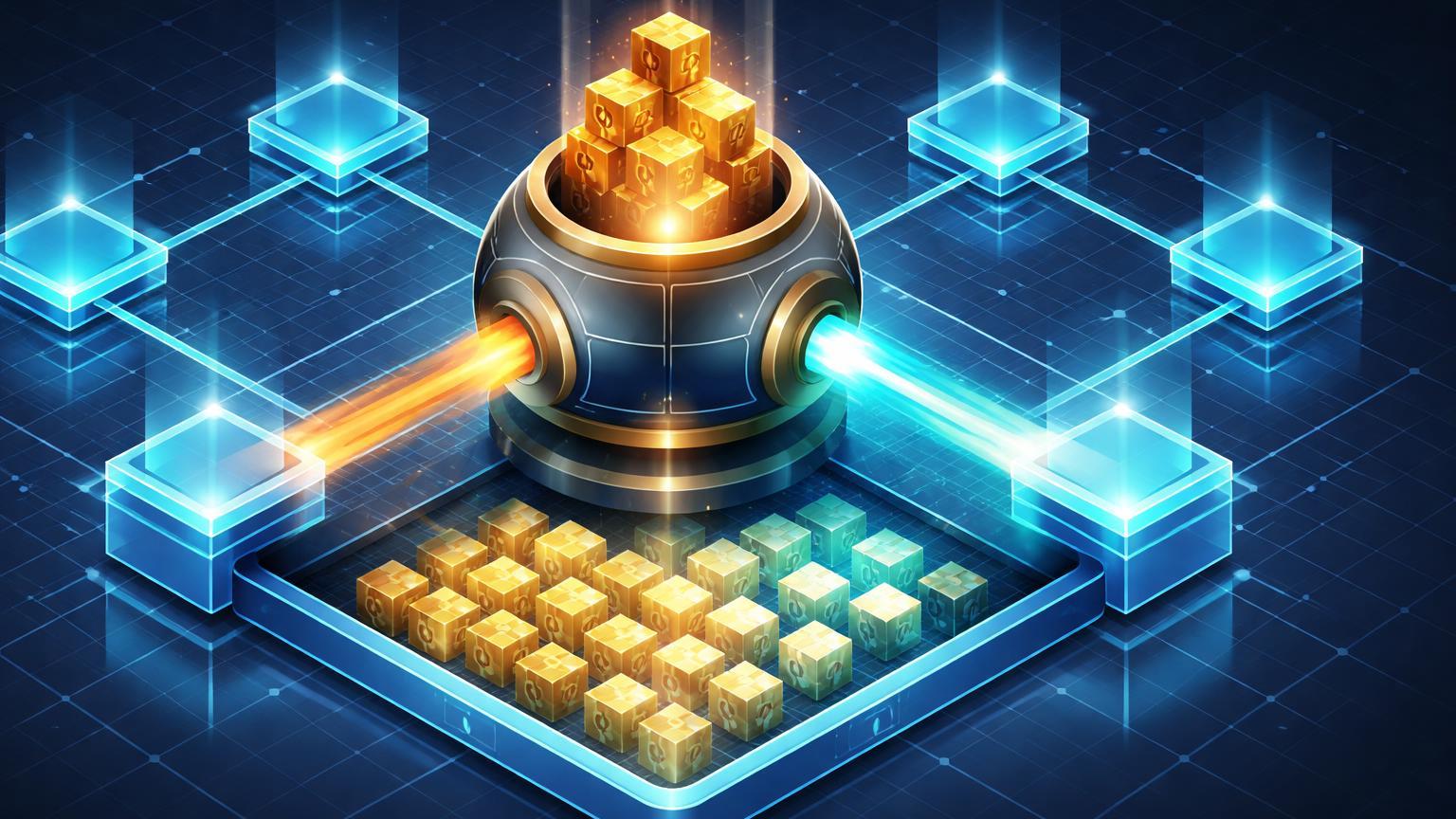 Estrutura isométrica da rede Ethereum com reator queimando blocos USDT calmamente, simbolizando burn rotineiro da Tether sem impacto negativo