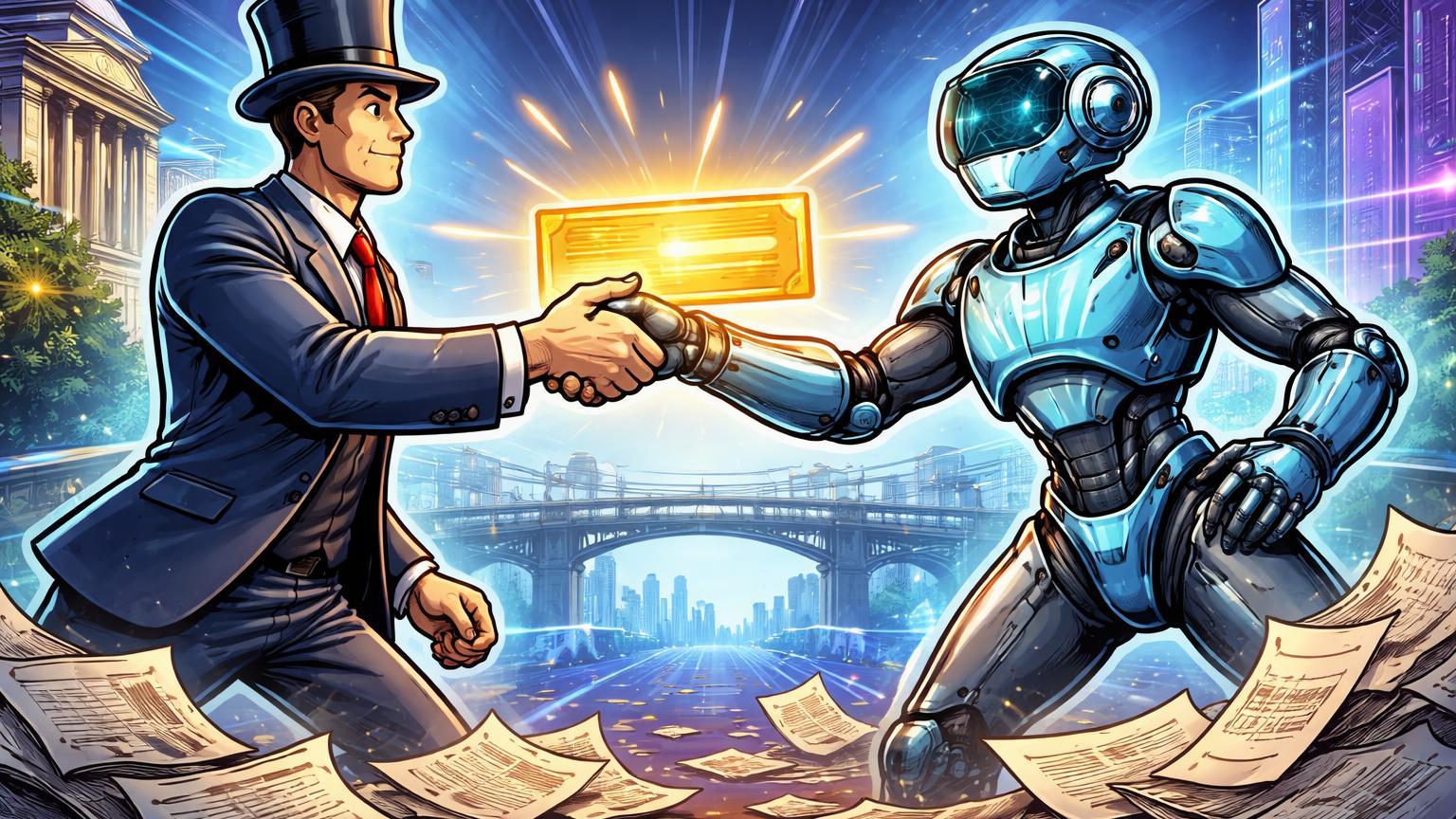 Executivos cartoon de Mastercard e ZeroHash se conectando via cheque de investimento, com papéis caídos simbolizando aquisição fracassada e adoção institucional