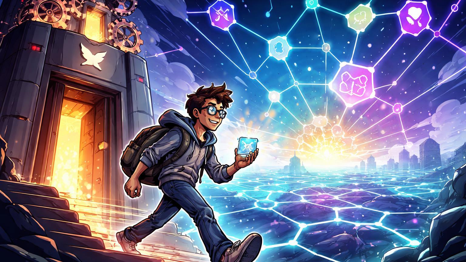 Personagem cartoon tech migrando de torre centralizada cinza para rede hexagonal cyan Web3, simbolizando retorno de Vitalik a redes descentralizadas