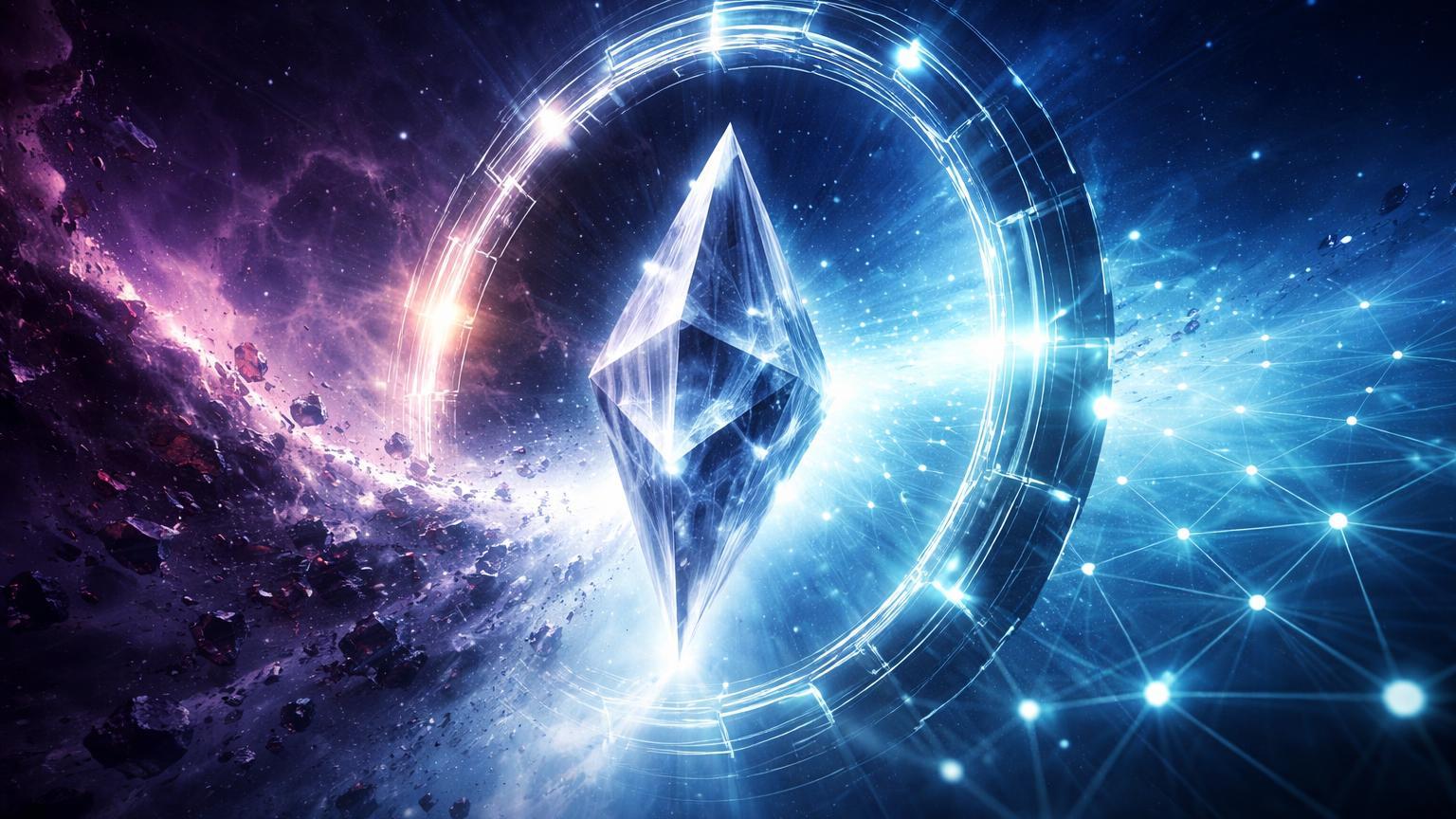 Estrutura cristalina migrando de nebulosa caotica para rede EVM luminosa, simbolizando Noble deixando Cosmos para nova Layer 1 de stablecoins