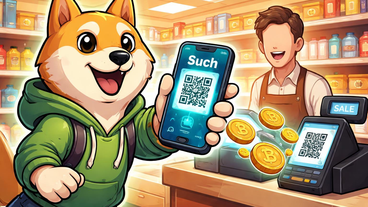Personagem Doge cartoon pagando em loja com app Such e moedas DOGE voando, simbolizando pagamentos práticos diários com Dogecoin