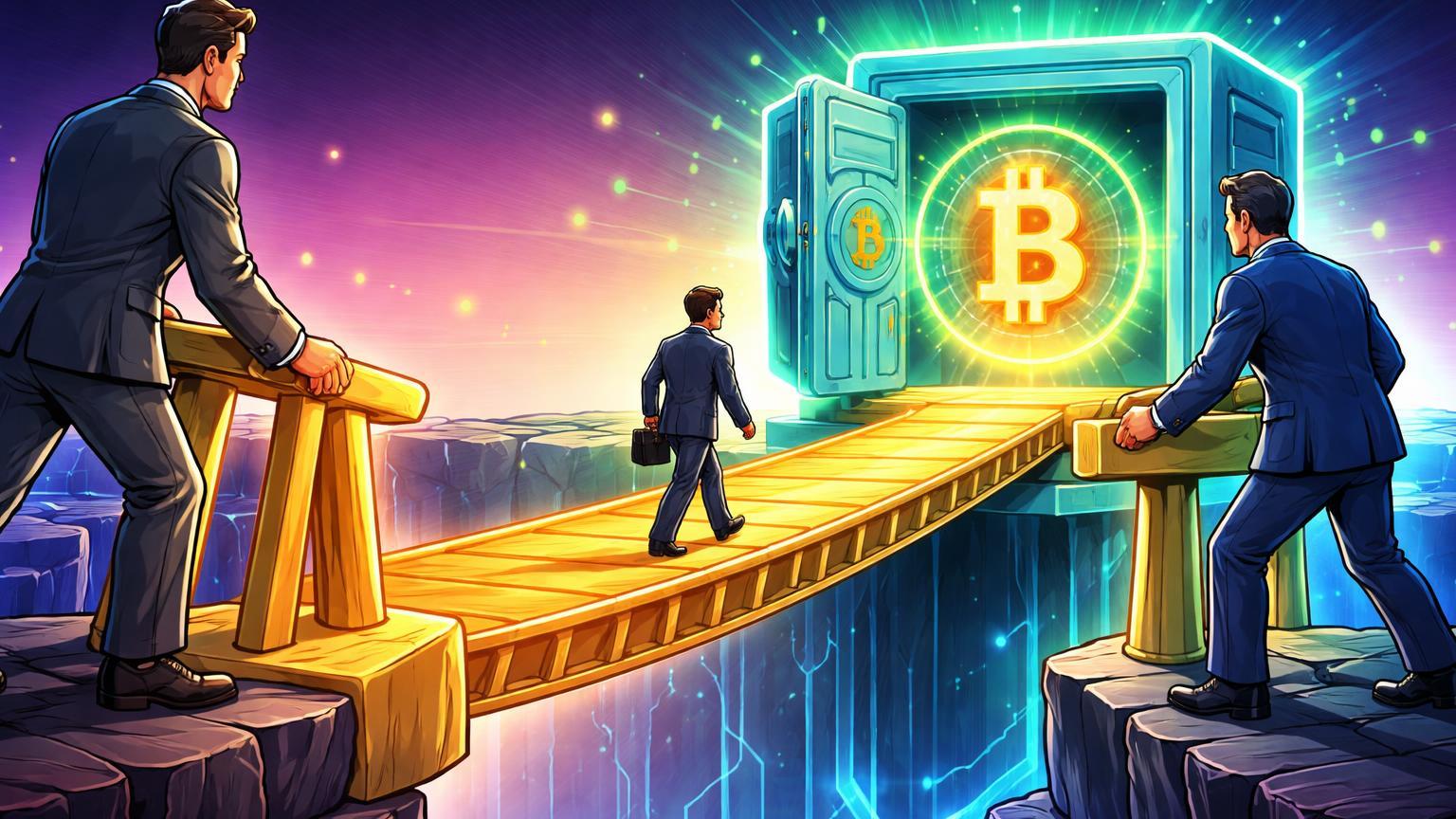Executivos cartoon construindo ponte dourada segura para cofre Bitcoin protegido, simbolizando aposentadoria inovadora da BlackRock e Delaware Life