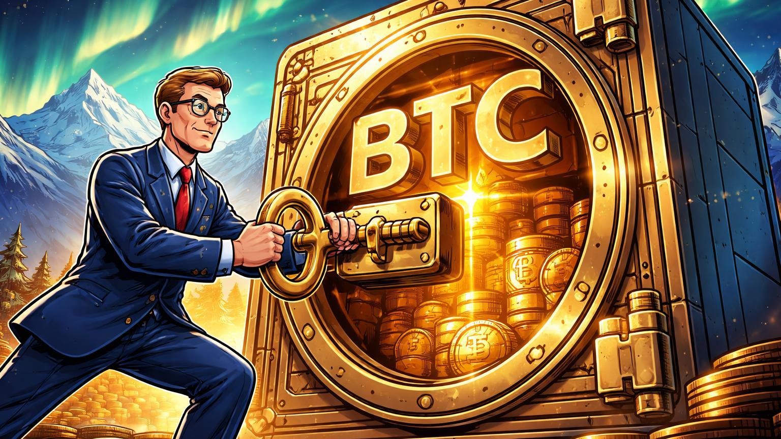 Burocrata cartoon trancando cofre dourado de Bitcoin com 'BTC' gravado, sobre picos de Davos, simbolizando reserva estratégica dos EUA