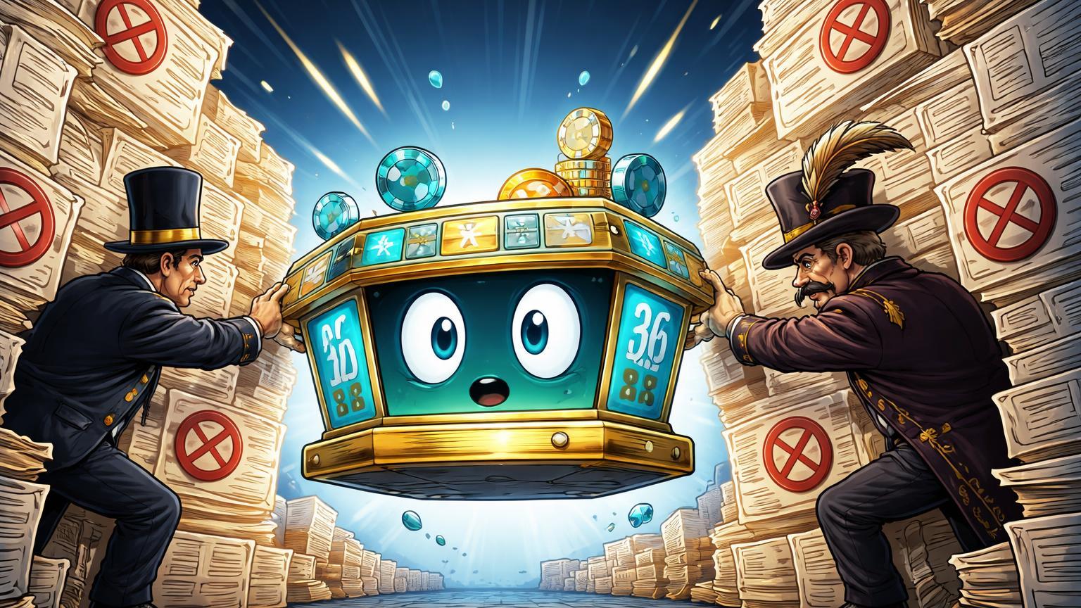 Plataforma de apostas digital cartoon cercada por reguladores erguendo muros de documentos, simbolizando bans da Polymarket em Portugal e Hungria