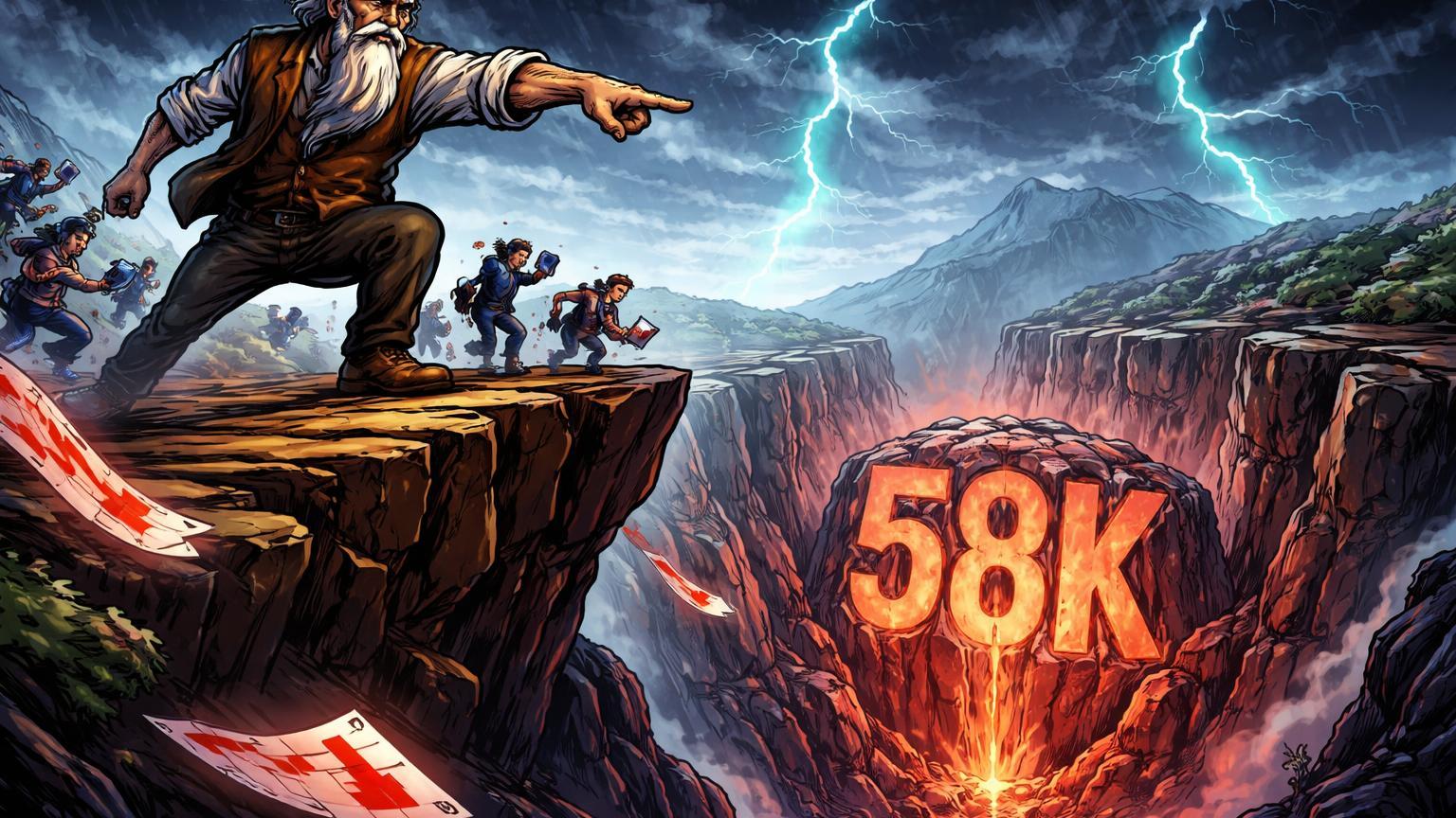 Trader cartoon experiente apontando para rocha '58K' em canyon digital, investidores em pânico, alertando previsão de queda do Bitcoin por Peter Brandt