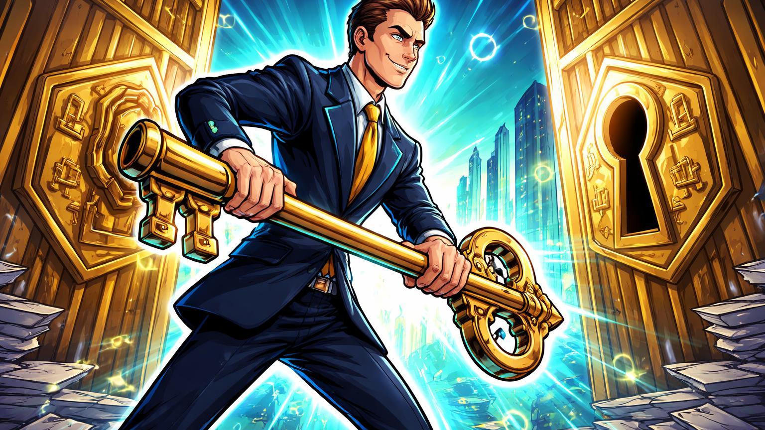 Personagem regulador cartoon girando chave em portões dourados abrindo para horizonte cyan luminoso, simbolizando nova era pró-cripto da CFTC