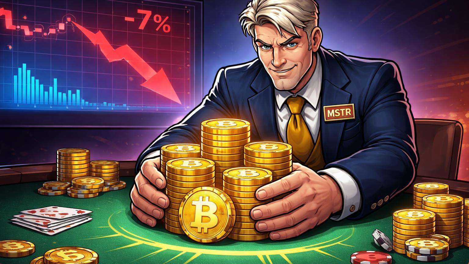 Personagem cartoon de Saylor dobrando aposta em fichas BTC na mesa de poker enquanto gráfico MSTR cai 7%, simbolizando divergência da MicroStrategy
