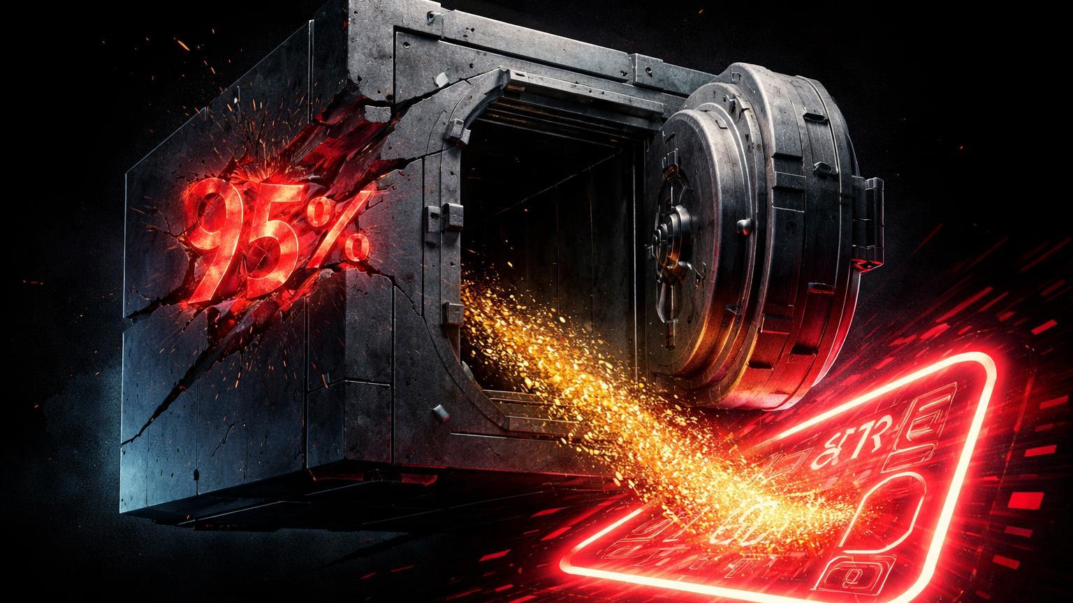 Cofre digital brutalista vazio com partículas douradas sugadas para portal neon vermelho e '95%' rachado, simbolizando rug pull e desvio de fundos em ICO