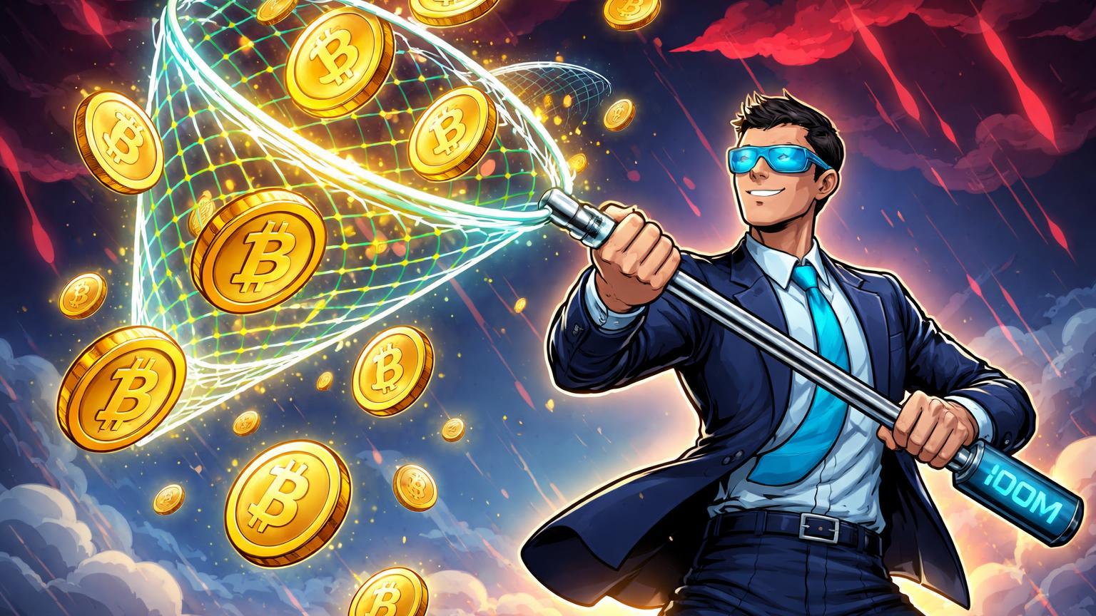 Investidor institucional cartoon capturando moedas BTC caindo com rede luminosa contra nuvens de pessimismo, simbolizando fundo hedge da Galaxy na queda do Bitcoin