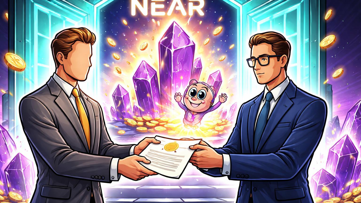 Executivos cartoon de Grayscale e SEC abrindo portas cyan para ecossistema NEAR staking com rewards dourados, simbolizando ETF filing