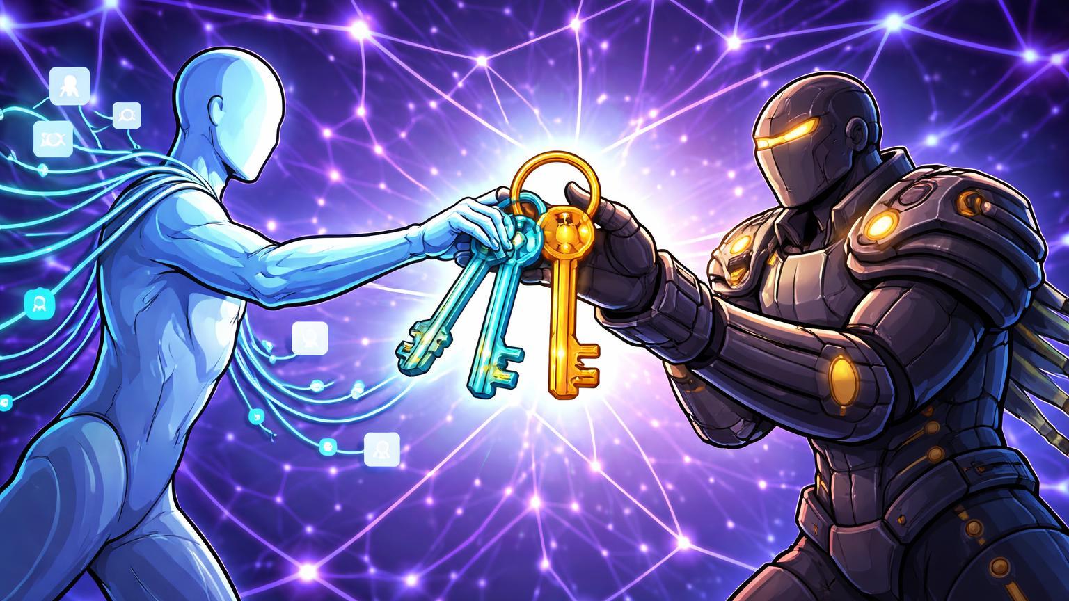 Personagens cartoon estilizados trocando chaves luminosas sobre rede neural Web3, simbolizando Neynar assumindo controle total do Farcaster
