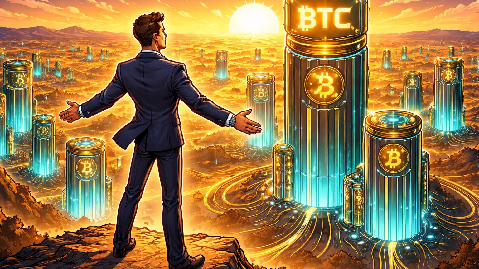 Empresário cartoon sobre colina com vastas terras gerando torres de mineração Bitcoin e data centers, simbolizando investimento de Kevin O'Leary em infraestrutura cripto