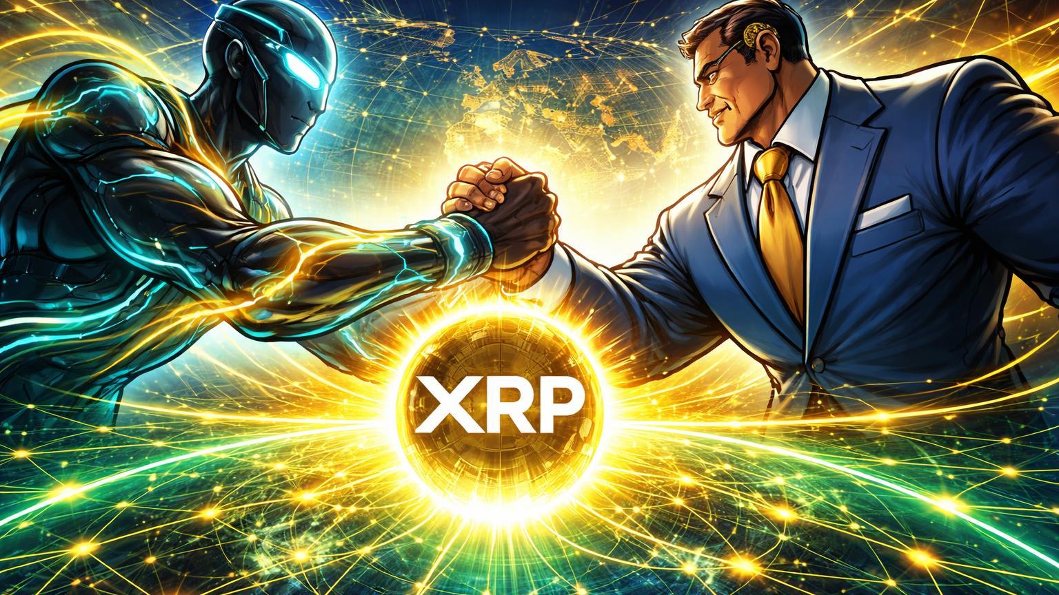 Personagens cartoon tech e bancário apertando mãos sobre rede XRP pulsante, simbolizando parceria Ripple-DXC para adoção institucional em US$5T