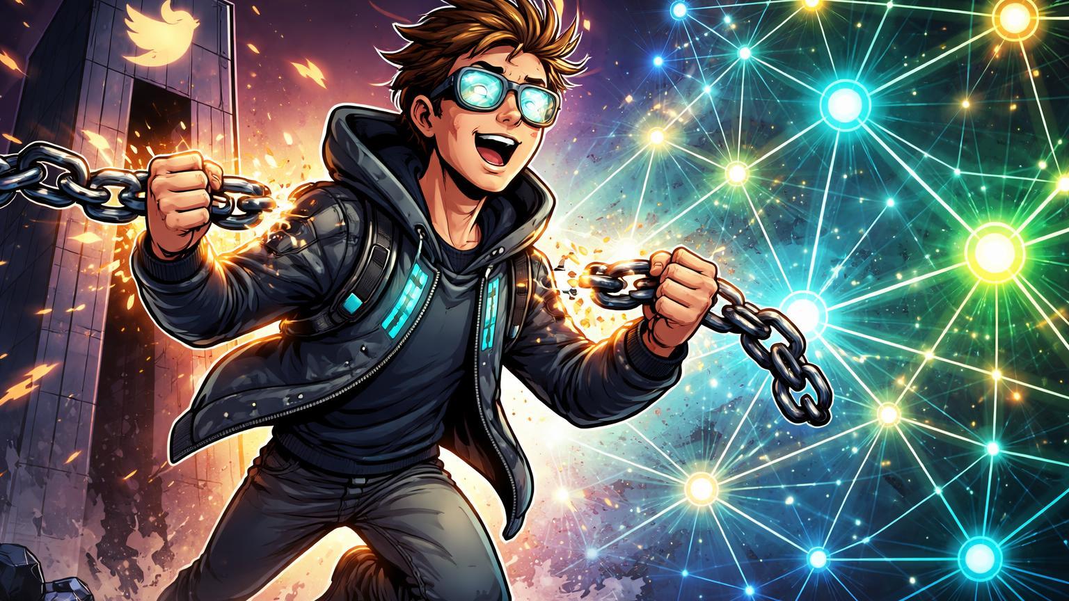 Personagem cartoon saindo de torre centralizada quebrando correntes para rede de nós luminosos, simbolizando ascensão de redes sociais descentralizadas como Lens e Farcaster