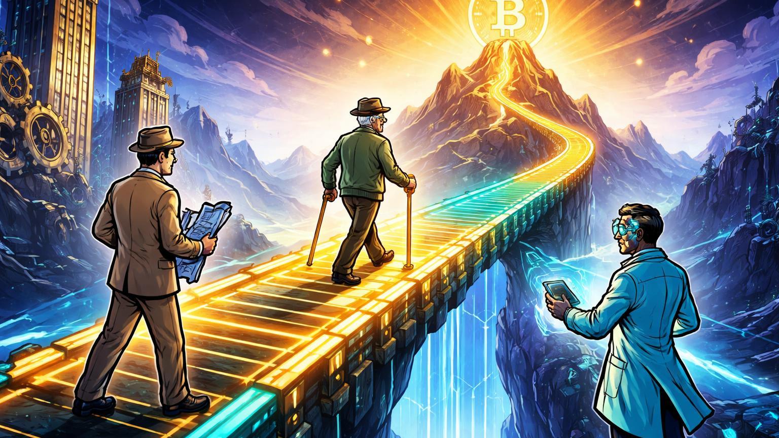 Executivos cartoon construindo ponte dourada-cyan entre finanças tradicionais e montanha Bitcoin, com aposentado atravessando confiante, simbolizando anuidade protegida da BlackRock