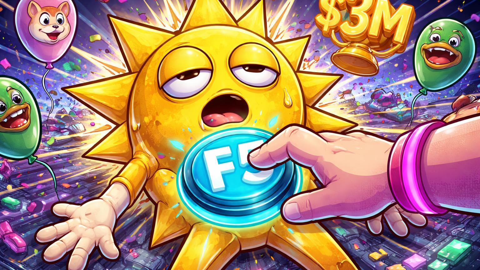 Personagem Solana cartoon grogue sendo revivido por mão Pump.fun pressionando botão F5 gigante com memes e $3M, tom irônico de hype