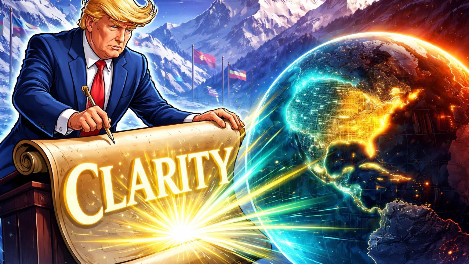 Trump cartoon assinando pergaminho Clarity em Davos, luz cyan-dourada iluminando EUA como hub cripto sobre China sombreada
