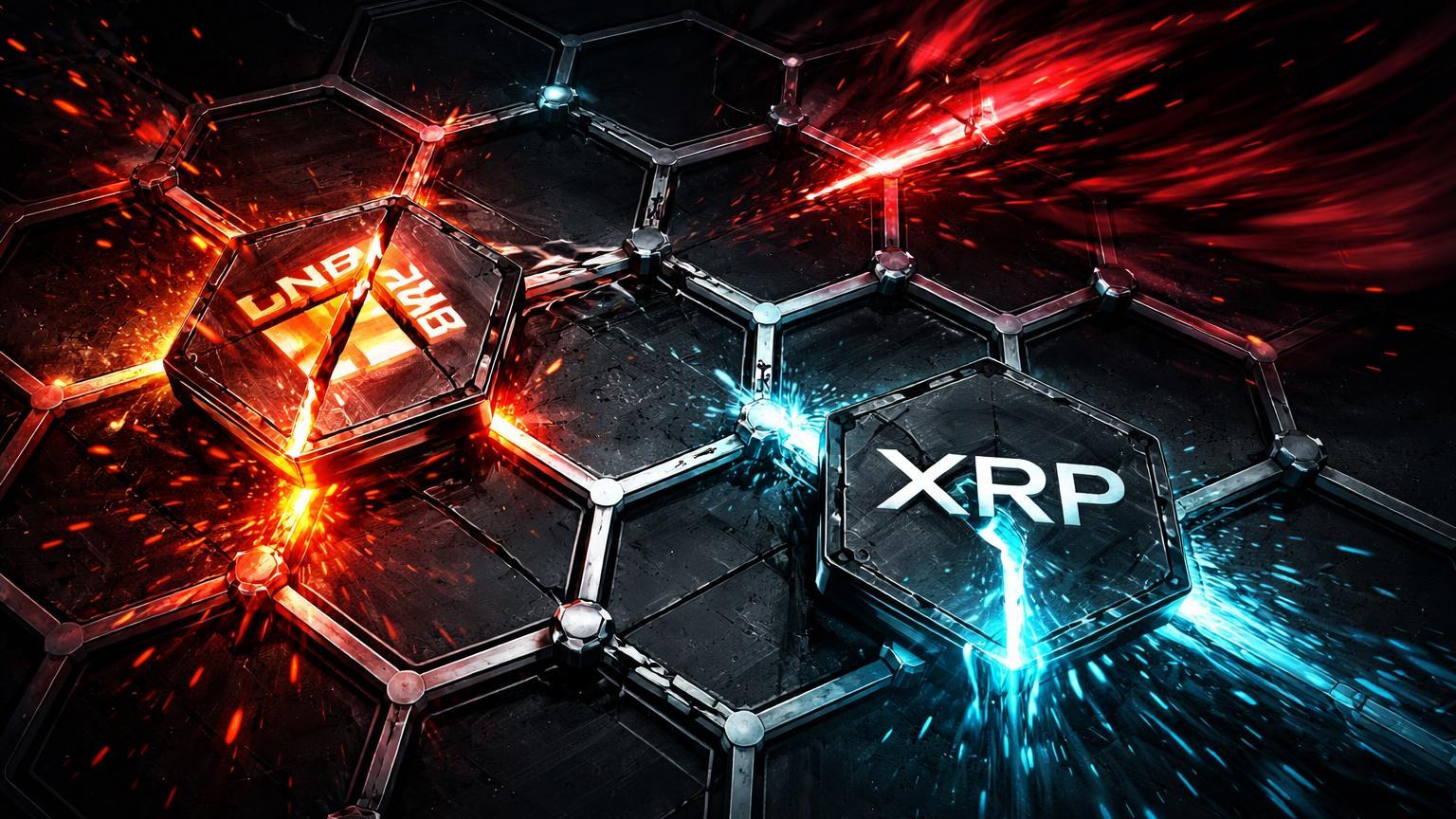 Rede hexagonal de altcoins fragmentando com rachaduras em nós BNB e XRP sob ventos vermelhos, ilustrando quedas e saídas recordes em ETFs