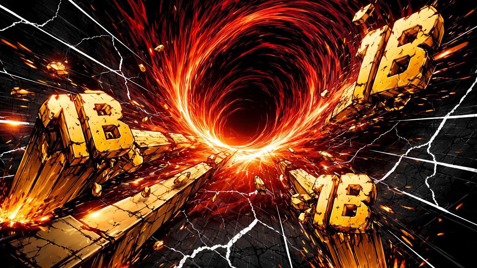 Vórtice vermelho-preto sugando pilares dourados com fragmentos 1B, representando liquidações de US$1 bi afetando traders no mercado cripto