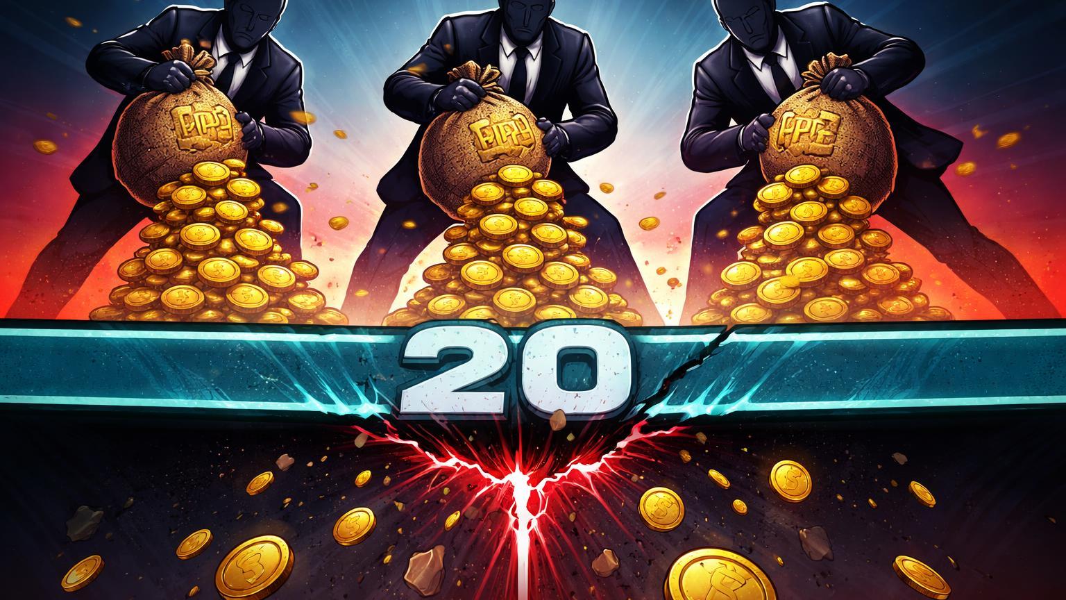 Insiders cartoon despejando tokens HYPE sobre linha de suporte '20' rachando, ilustrando pressão de venda na Hyperliquid