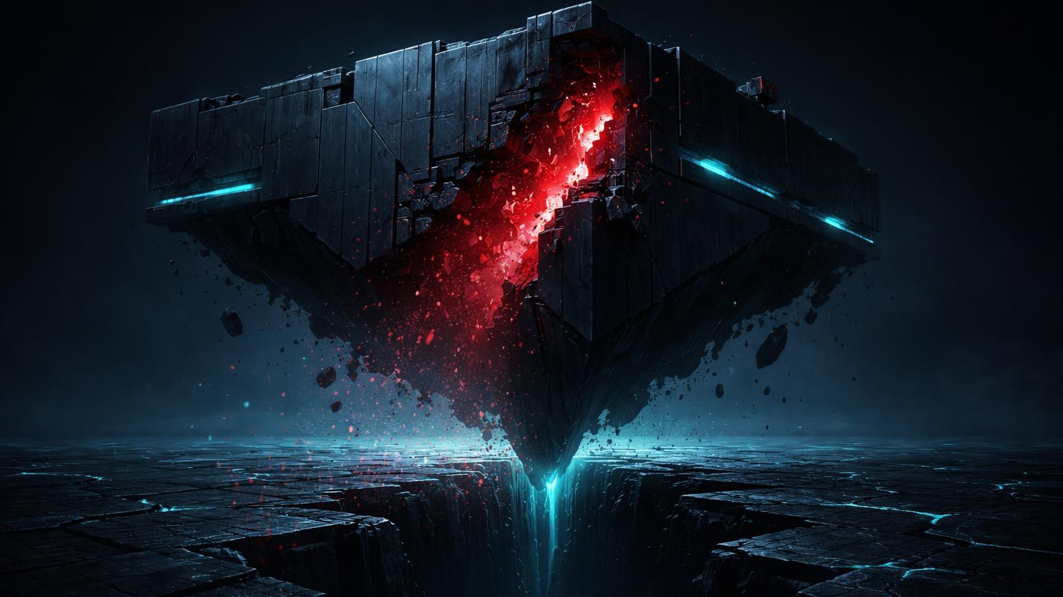 Fortaleza cyberpunk com brecha vermelha emitindo corrupção e abismo rachado abaixo, simbolizando hack na Saga e mínima do Bitcoin em 2026