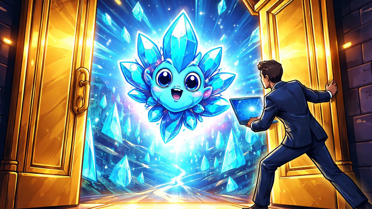 Executivo cartoon abrindo portas douradas da NYSE para personagem NEAR shard cyan, simbolizando avanço do ETF spot pela Grayscale