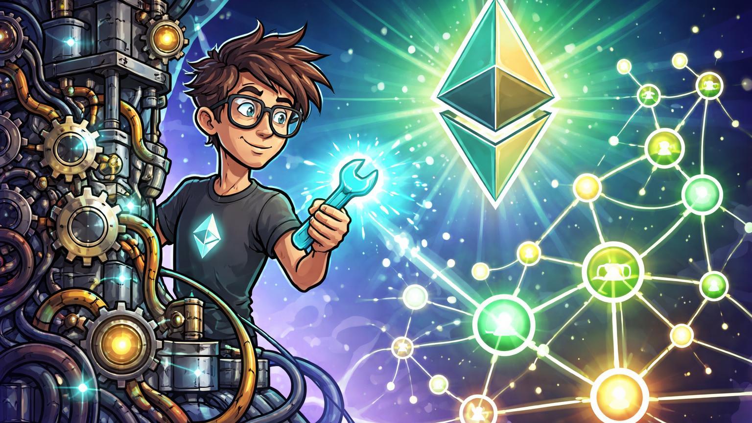 Personagem cartoon inventor simplificando máquina de staking Ethereum em rede DVT distribuída, representando proposta de Vitalik Buterin