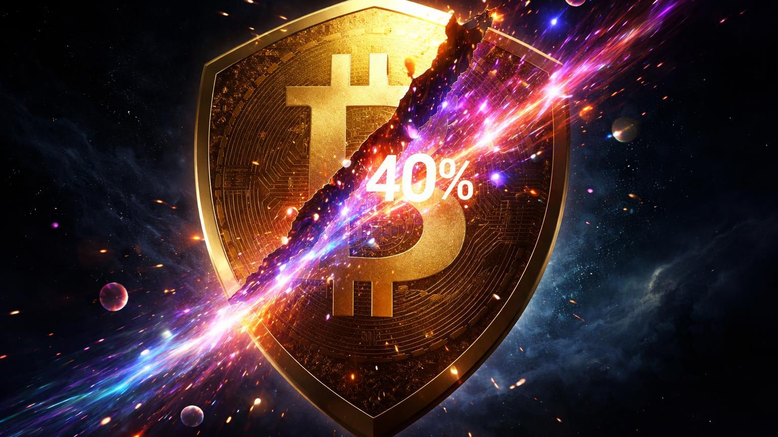 Escudo dourado Bitcoin rachando com partículas quânticas iridescentes e '40%' na fenda, alertando vulnerabilidade à computação quântica