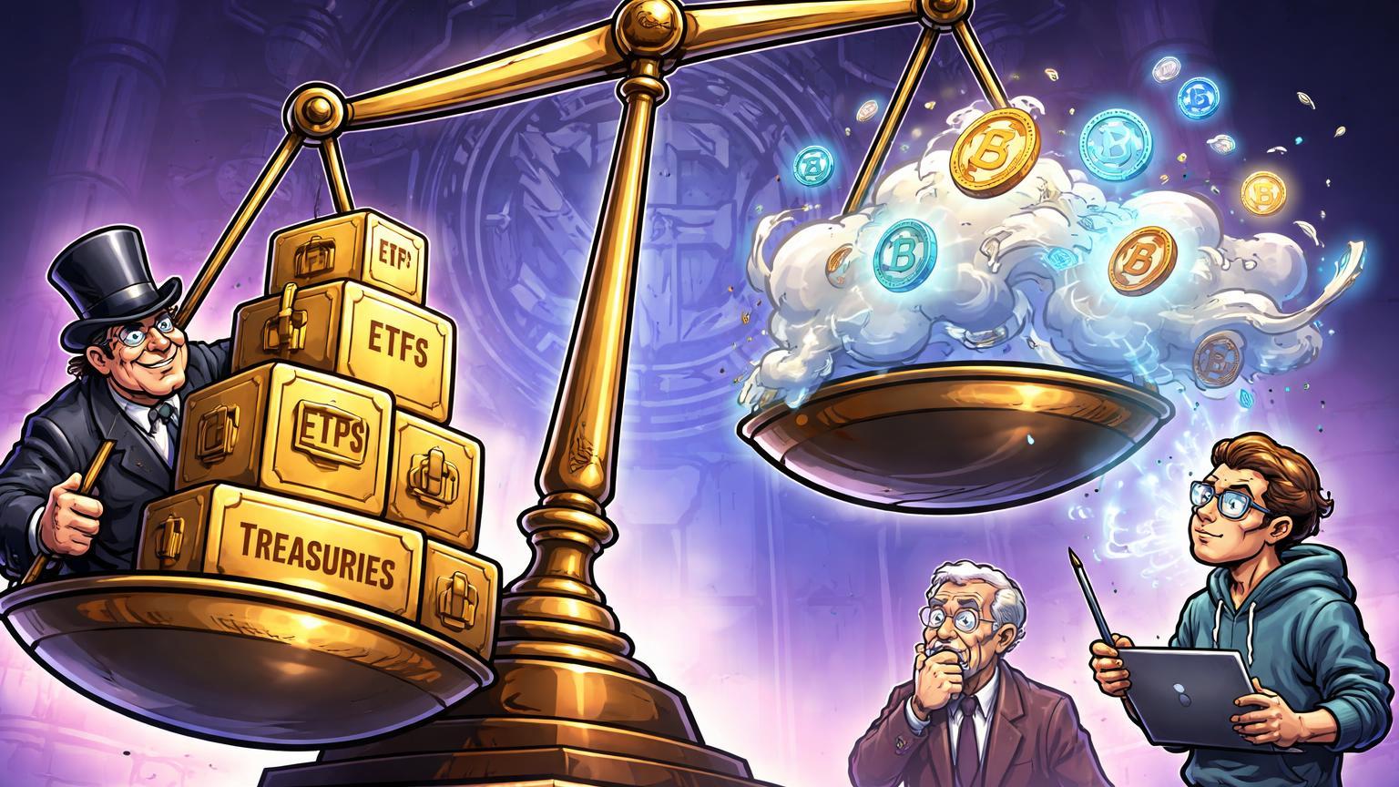 Balança desequilibrada com cofres ETFs Wall Street vs nuvem vaporosa tokenização, personagens cartoon debatendo desafio SEC