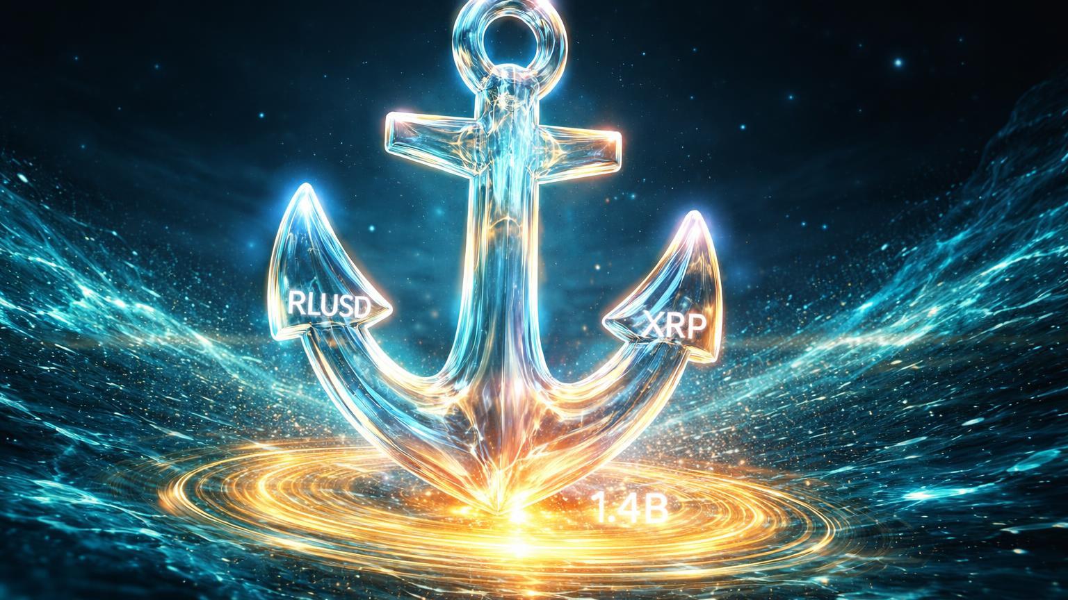 Âncora cristalina glassmorphism com RLUSD e XRP integrados emergindo de oceano digital, simbolizando estreia forte da stablecoin na Binance