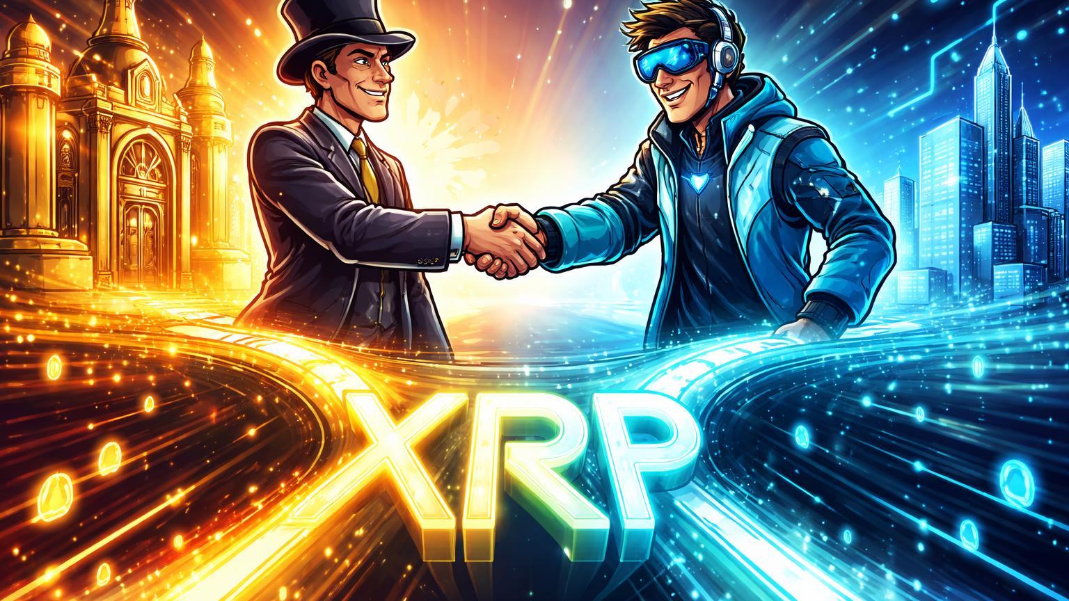 Executivos cartoon conectando ponte XRP luminosa entre fortaleza bancária e rede digital, simbolizando aliança Ripple-DXC com US$5 trilhões em depósitos