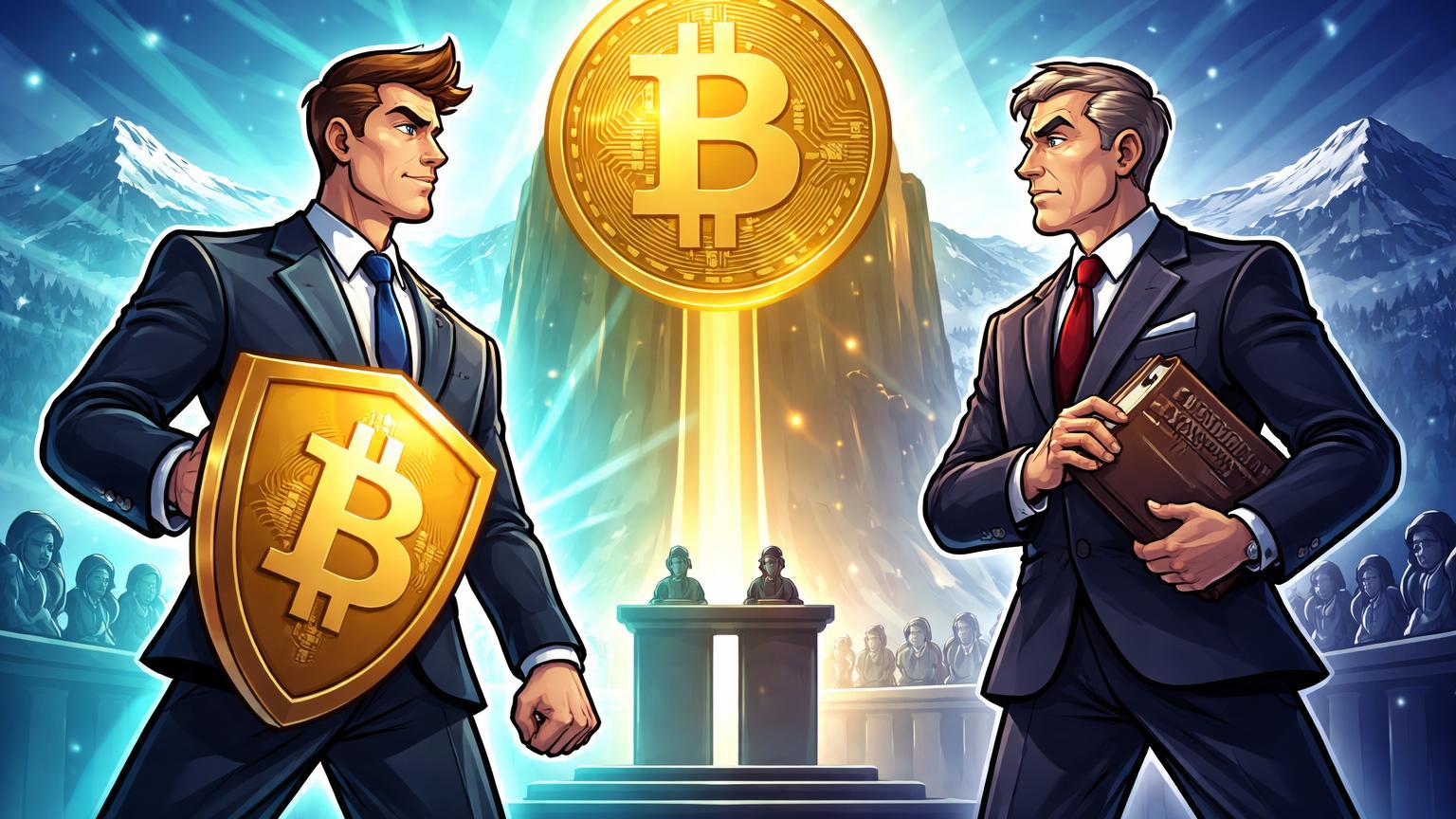 Personagens cartoon de executivo Coinbase com escudo BTC debatendo contra banqueiro central em Davos, simbolizando defesa da soberania monetária