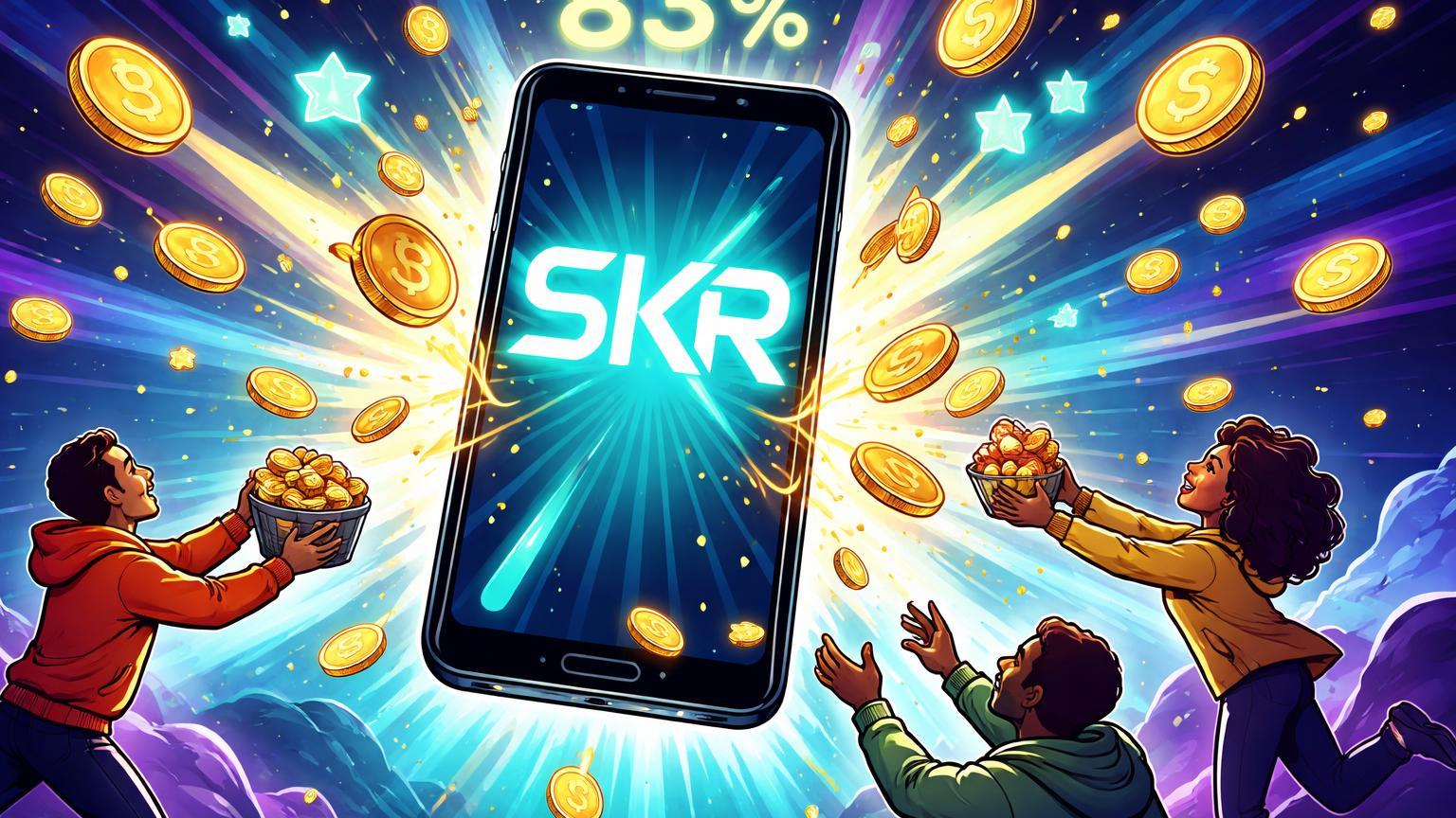 Smartphone Seeker cartoon expelindo tokens SKR para usuários felizes coletando, simbolizando alta de 83% e recompensas de airdrop na Solana