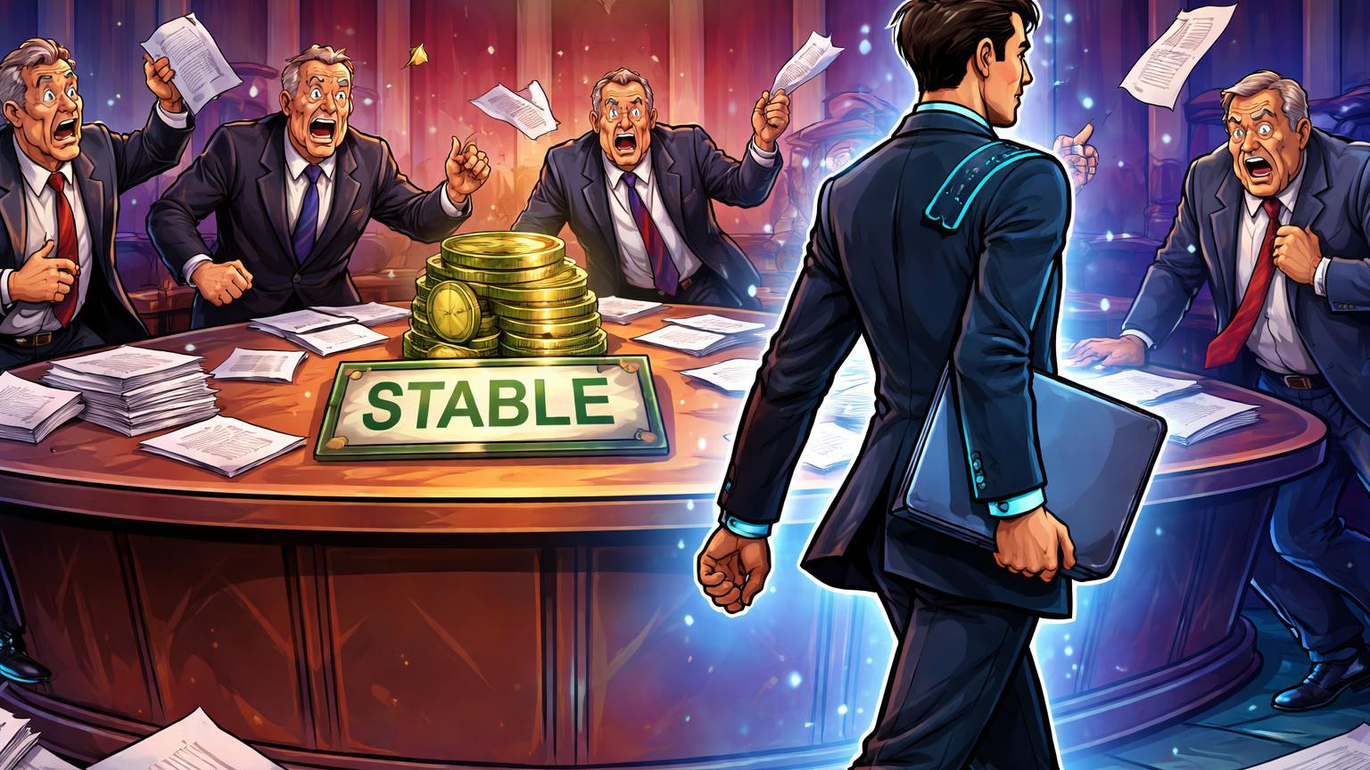 Senadores cartoon debatendo em mesa com stablecoins enquanto executivo tech se retira, ilustrando travamento da lei cripto no Senado EUA após Coinbase sair