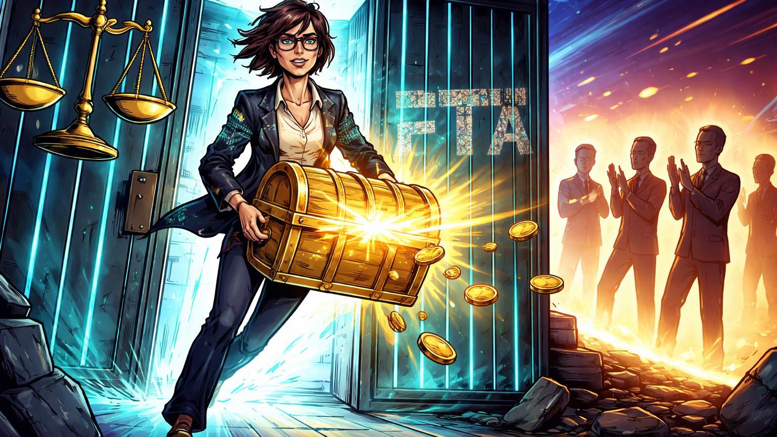 Executiva cartoon saindo de cela high-tech com baú dourado liberando fundos para credores, simbolizando liberação de Caroline Ellison na recuperação da FTX