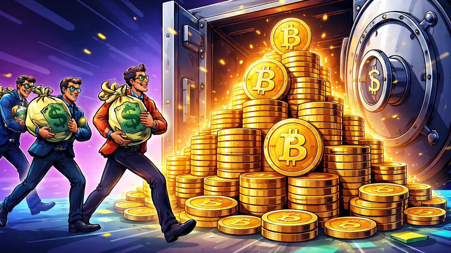 Executivos cartoon carregando dólares transformando-se em Bitcoin para tesouraria corporativa, simbolizando estratégia bullish de acumulo institucional