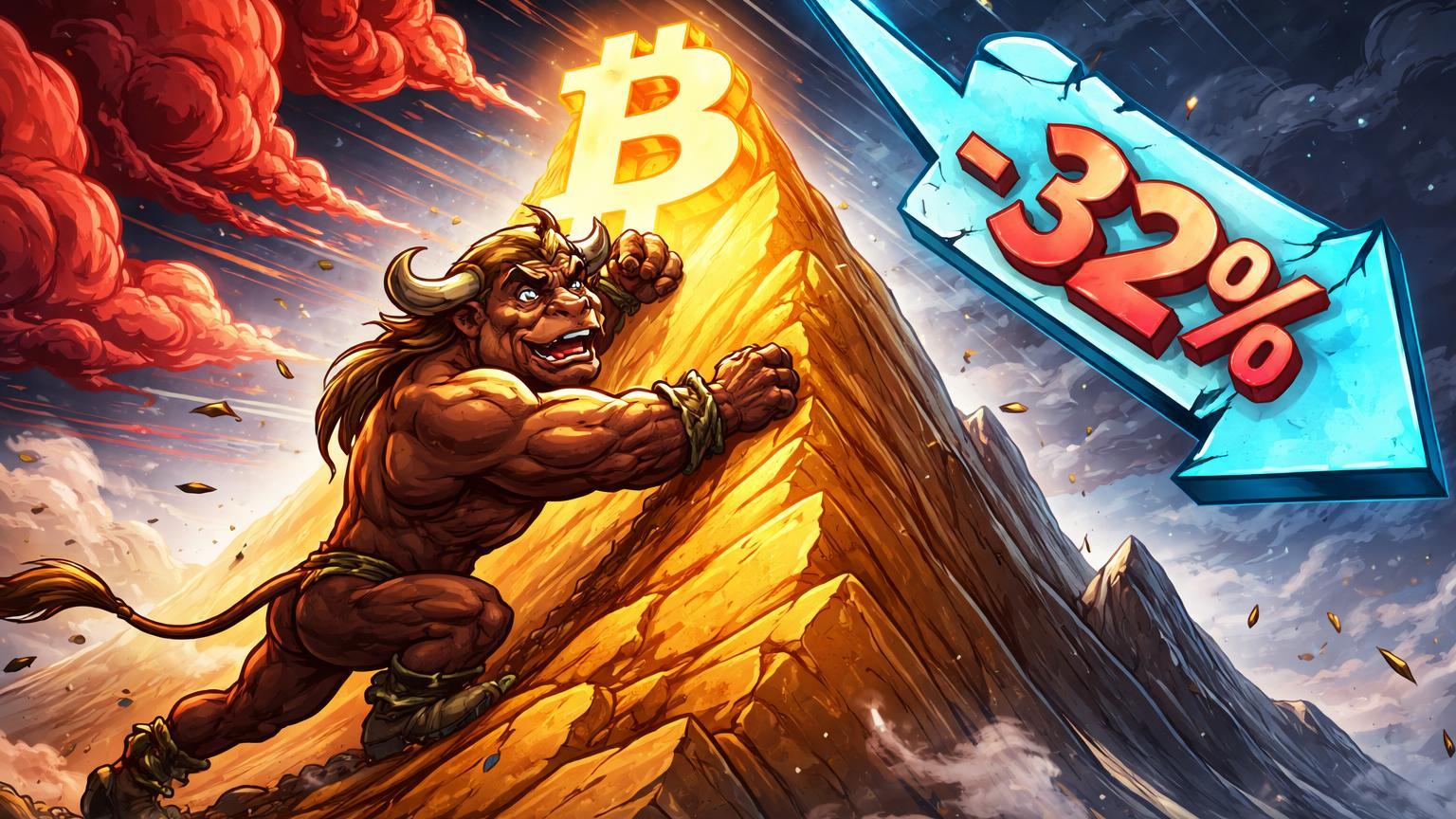 Touro cartoon escalando montanha dourada do Bitcoin, desafiado por nuvens de inflação vermelhas e seta descendente -32%, alertando riscos para bulls