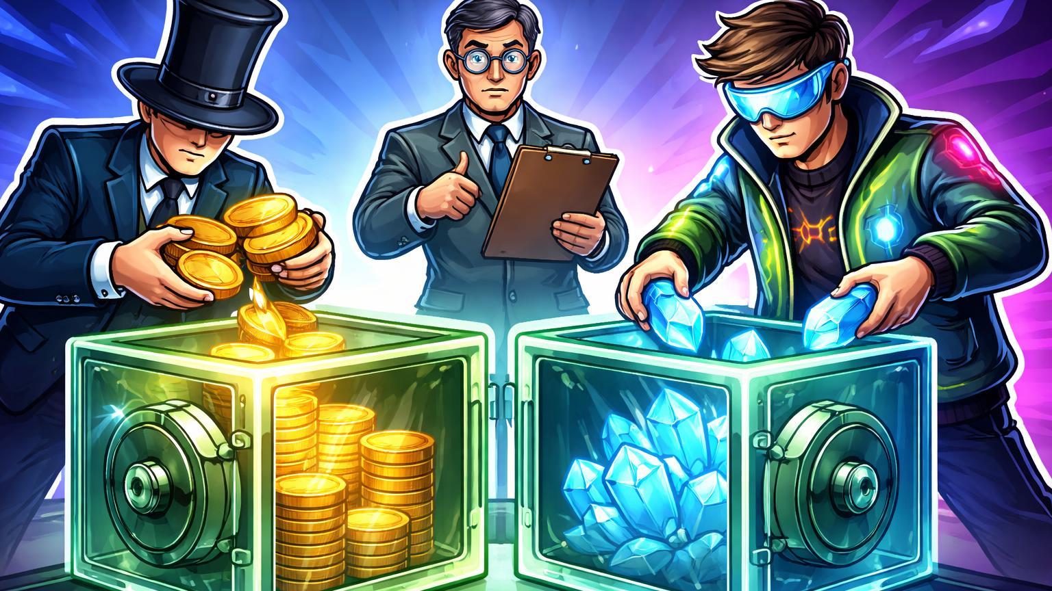 Personagens cartoon de banqueiro, trader cripto e auditor BC segregando ativos em cofres transparentes, simbolizando regras do Banco Central para cripto em bancos