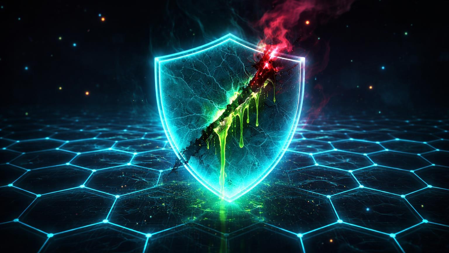 Rede hexagonal Ethereum com veneno tóxico corroendo escudo central, simbolizando golpes de address poisoning e riscos quânticos no BTC