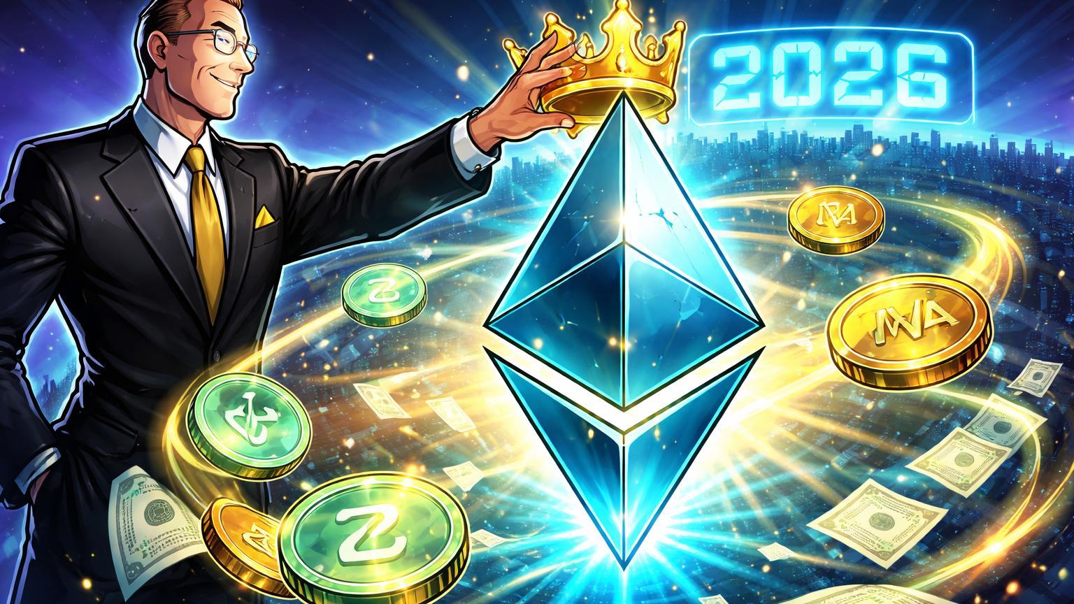 Executivo cartoon BlackRock coroando diamante Ethereum com tokens RWA orbitando e marco 2026 no horizonte, simbolizando liderança em tokenização
