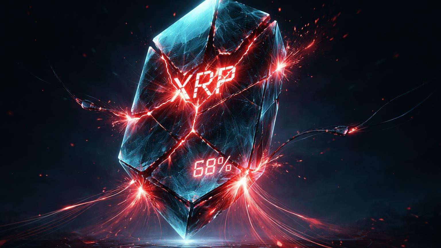 Cristal XRP hexagonal com fissuras vermelhas propagando e elementos 68% rachados, simbolizando risco de queda e saídas de ETFs na Binance