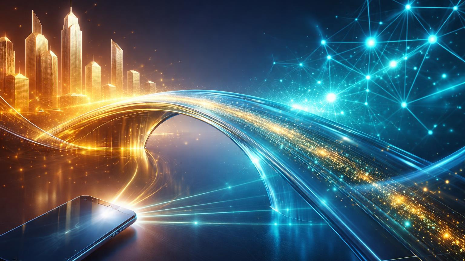 Ponte de vidro translúcido ligando skyline Wall Street dourado a rede Solana cyan, com fluxos de tokens e smartphone, simbolizando tokenização de ações pela Ondo