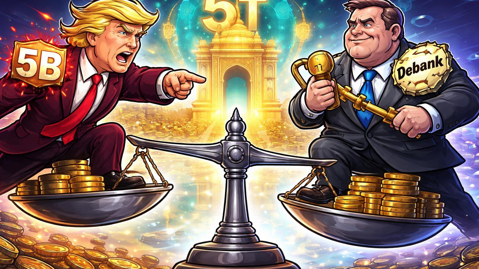 Personagens cartoon de Trump e JP Morgan em confronto sobre balança judicial, com volumes 5B e 5T da Índia, simbolizando disputa geopolítica cripto