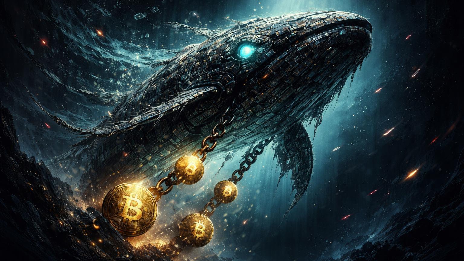 Baleia surreal de circuitos antigos emergindo de abismo digital arrastando BTC dourados, simbolizando holder de 2013 despertando após 13 anos