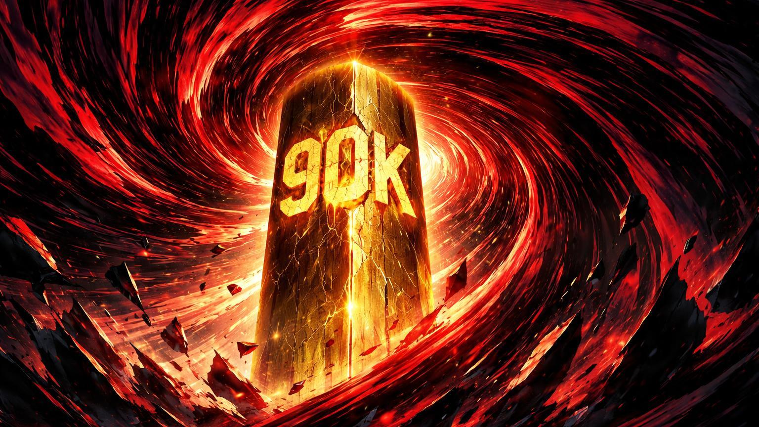 Vórtice vermelho brutal girando ao redor de pilar Bitcoin com 90K rachado, explodindo fragmentos que simbolizam US$ 1 bilhão em liquidações por whipsaw