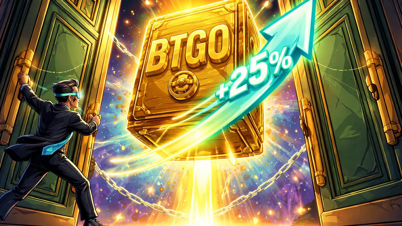 Executivo cartoon abrindo portas da NYSE com cofre BTGO dourado subindo +25%, celebrando IPO cripto de 2026 e otimismo em custódia