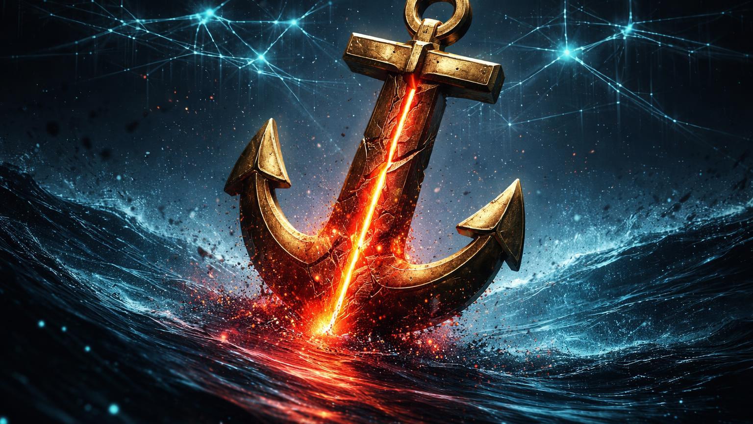 Âncora dourada partida vazando energia vermelha em oceano digital com rede paralisada, simbolizando exploit na SagaEVM e stablecoin desancorada