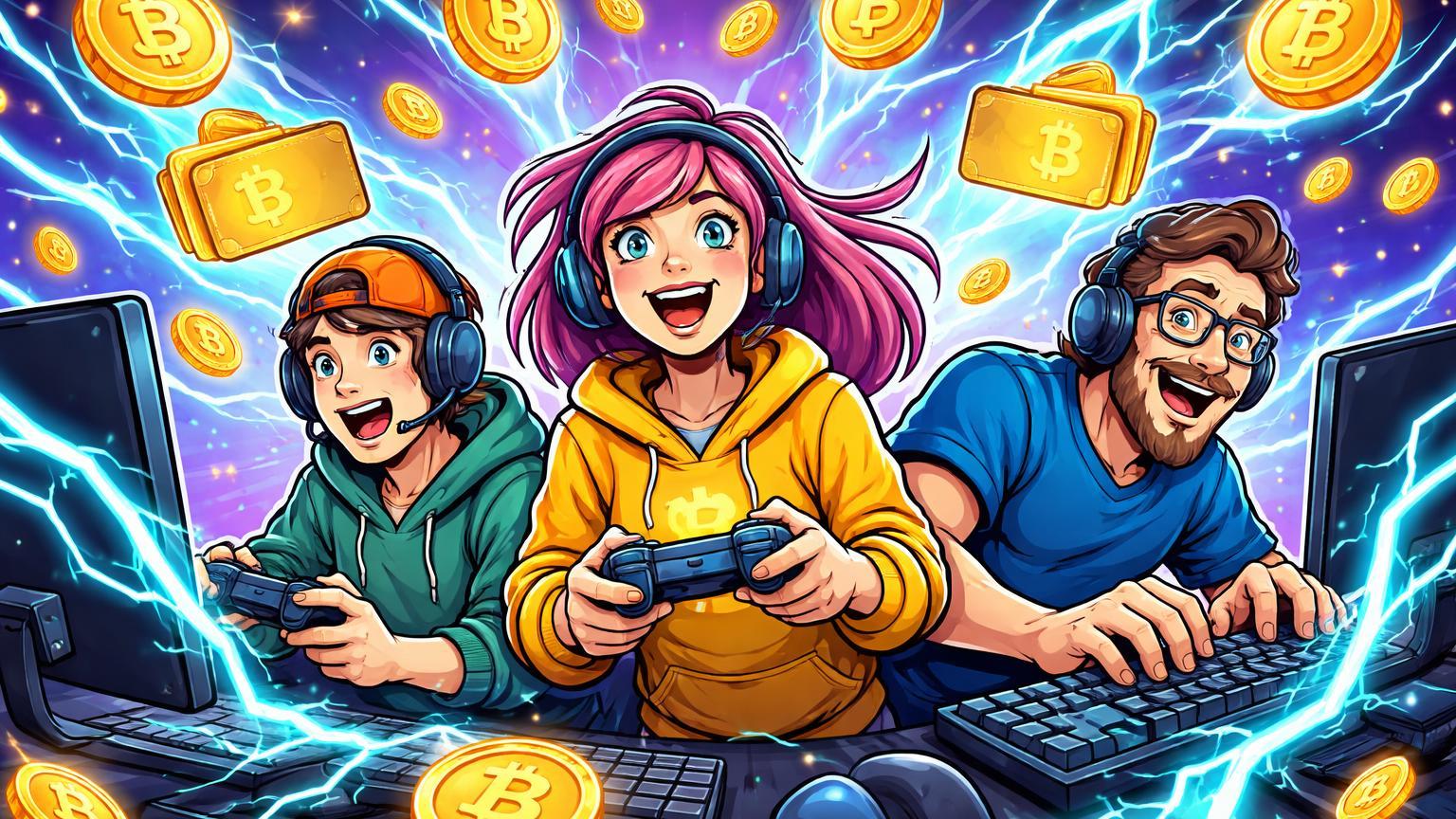 Gamers cartoon jogando com raios Lightning conectando telas a carteiras BTC, moedas caindo como recompensas em jogos cripto