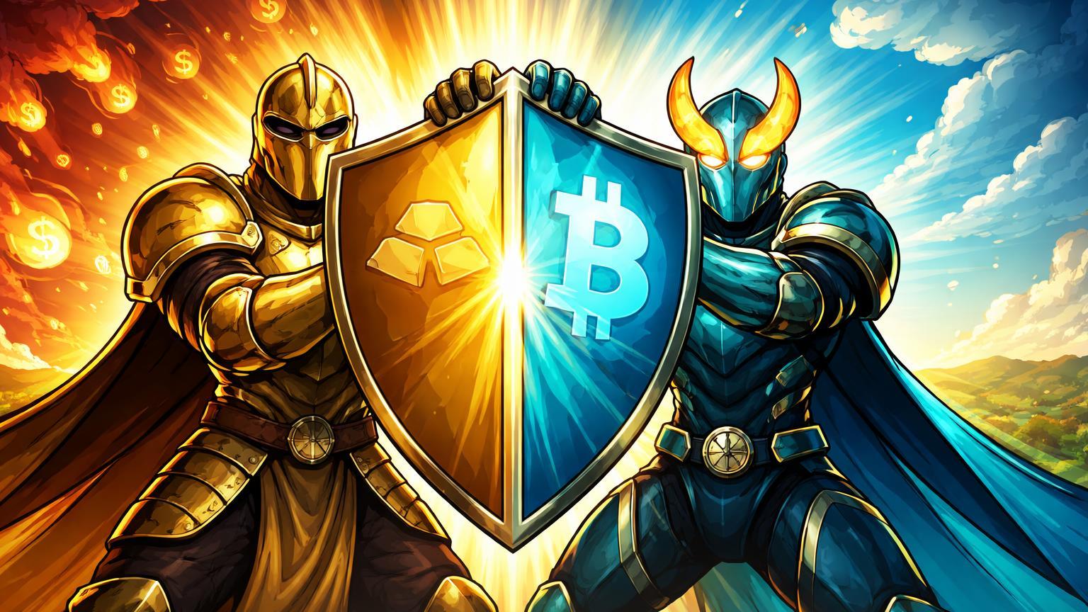 Personagens cartoon de ouro clássico e Bitcoin digital erguendo escudo bipartido contra tempestade inflacionária, simbolizando ETF BPRO da Bitwise